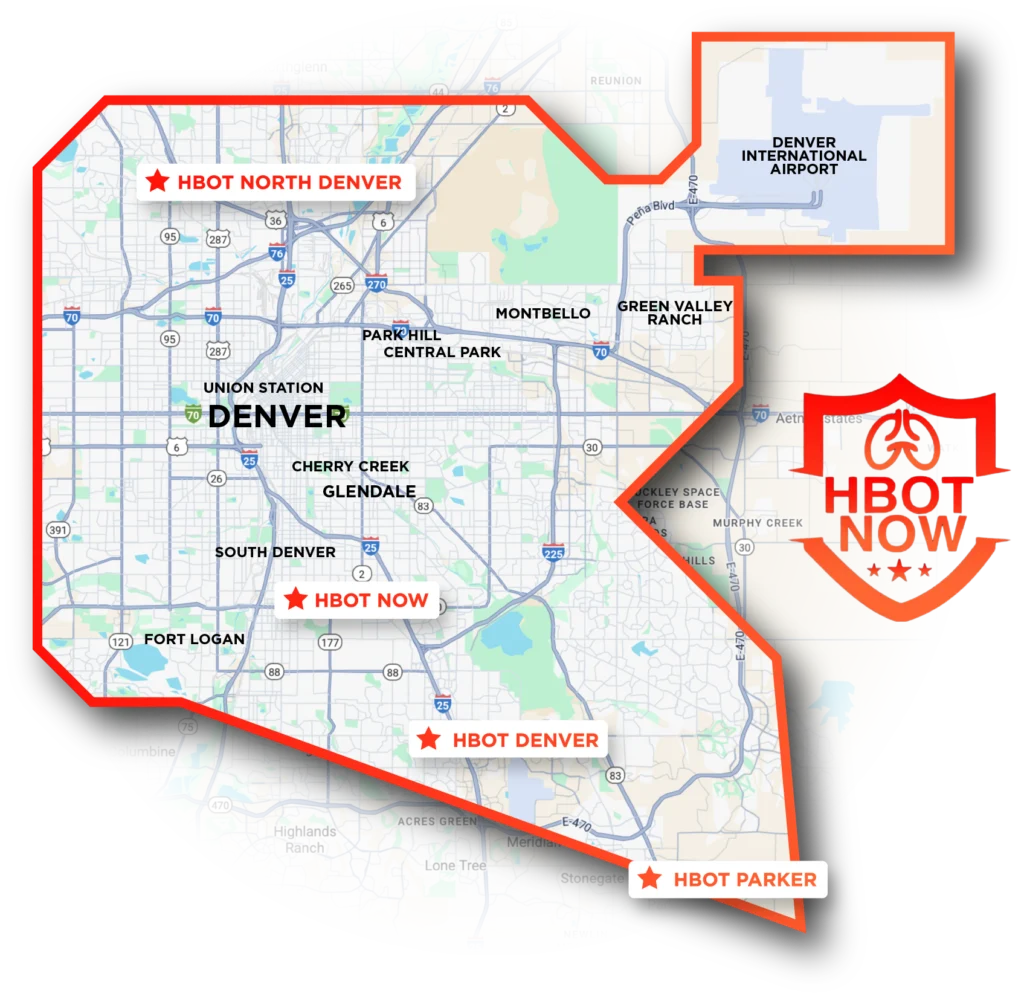 HBOT NOW service area map showing Denver metro locations